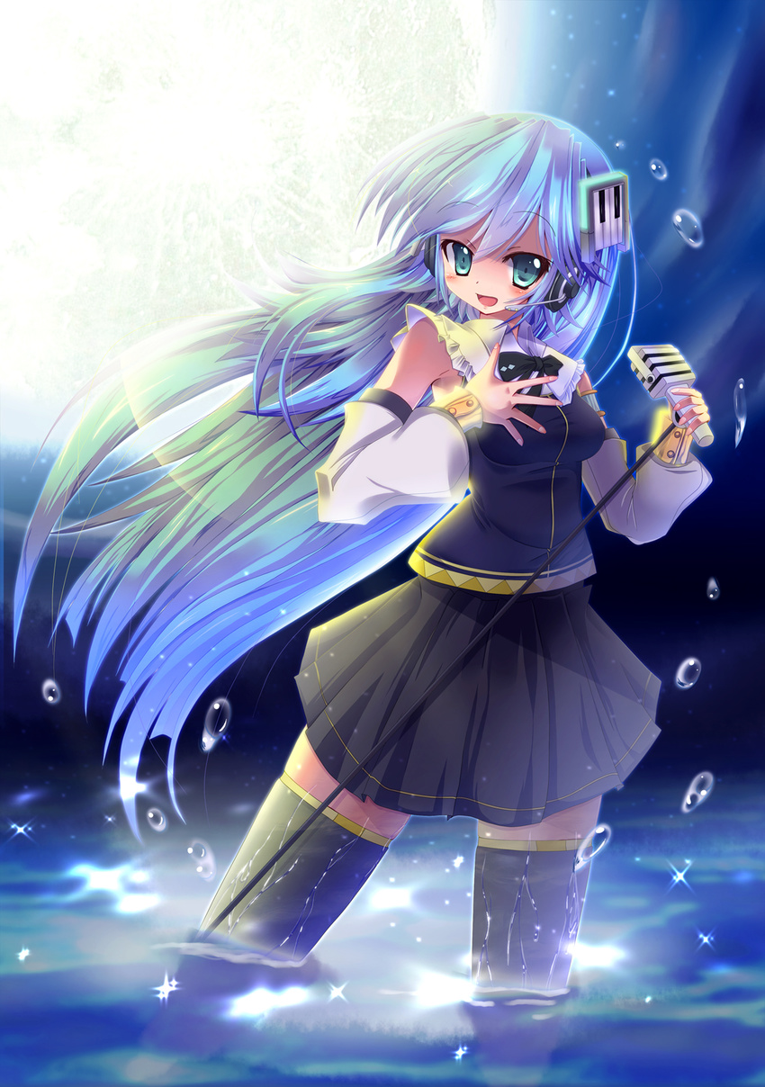 blue_eyes blue_hair detached_sleeves full_moon headphones highres long_hair moon night open_mouth outdoors rankiryuu ring_suzune skirt smile solo thighhighs very_long_hair vocaloid water zettai_ryouiki