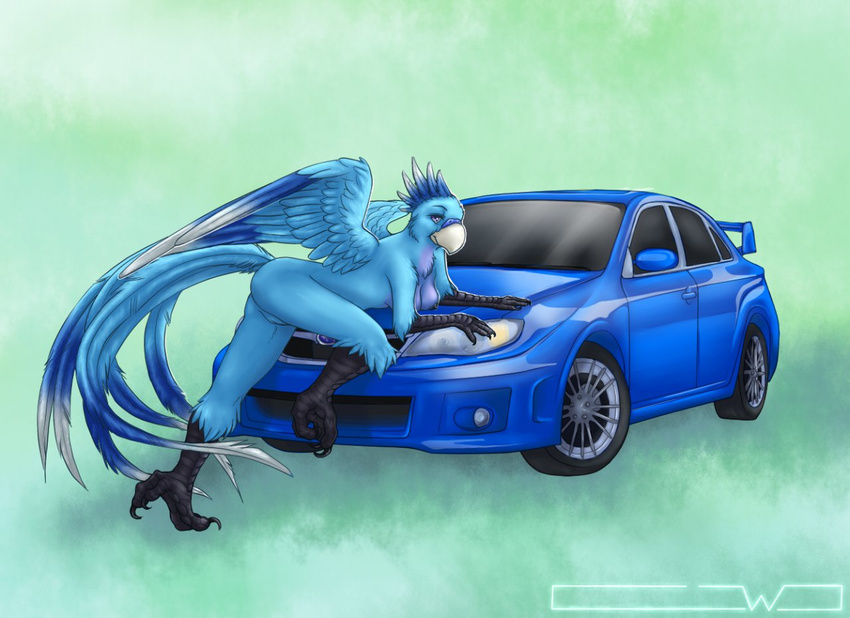 avian beak bird breasts car catwolf female looking_at_viewer macaw nude parrot pinup pose pussy solo subaru