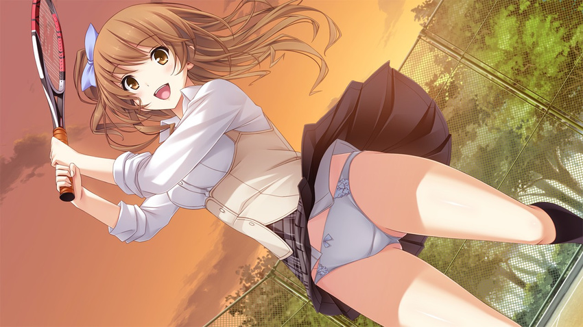 blush bow brown_hair game_cg hair_bow happy haruhino_misaki hotchkiss indoors long_hair mikoto_akemi open_mouth panties pantyshot racket skirt skirt_flip sleeves_rolled_up smile solo sunset tennis_racket underwear upskirt white_panties yellow_eyes