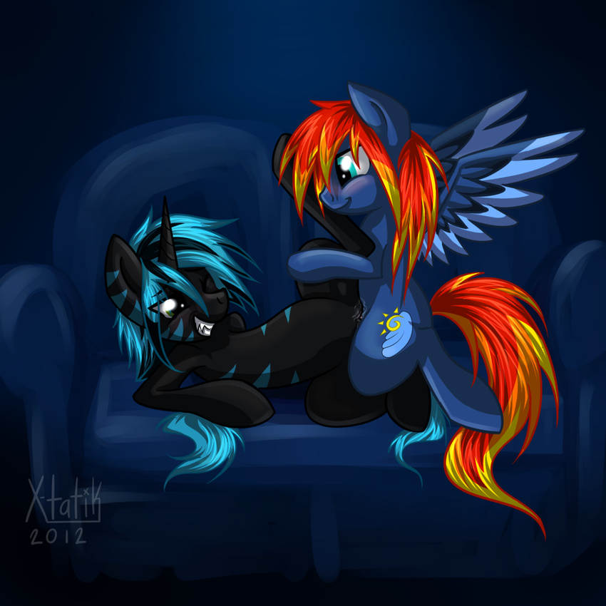 black_fur black_hair blonde_hair blue_background blue_fur blue_hair blue_stripes blue_theme cheshire_grin equine female friendship_is_magic fur grin hair horn horse horsecock icheshers joyful_wings lesbian lying mammal multi-colored_hair my_little_pony on_back one_eye_closed pegasus penis plain_background pussy red_hair sex sofa tiger tribadism two_tone_hair unicorn unnamed_pony_(mlp) wings