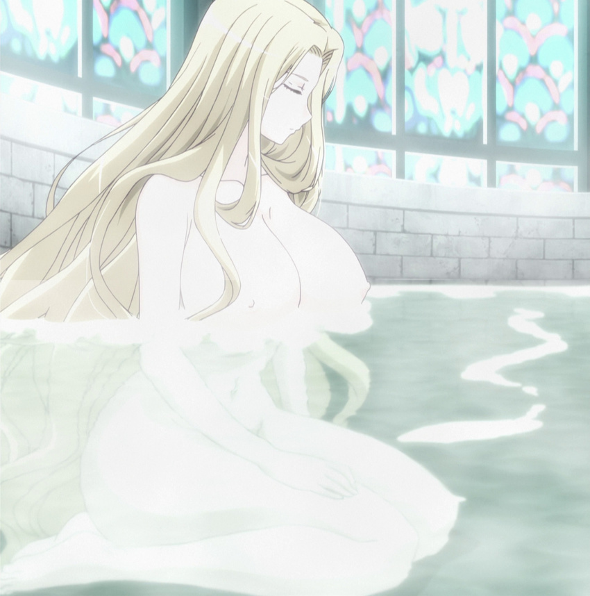 bathing blonde_hair breasts female highres large_breasts long_hair melpha nude queen's_blade queen's_blade sitting solo water