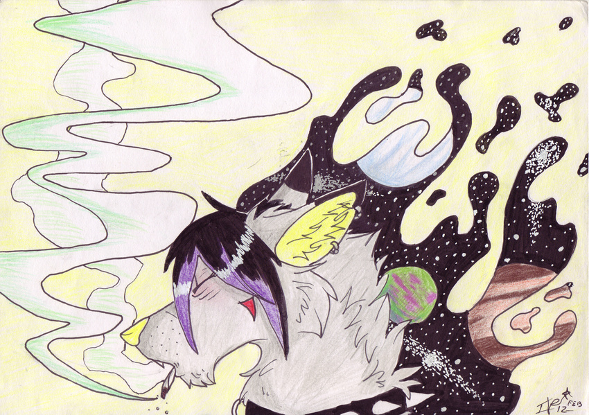 collar dog drugs galaxies galaxy kaiaki_moonwolf kaiaki_moonwolf(i-ki) mammal marijuana planets red_eyes simple_background smoke space space_out traditional_media tripping tripping_balls tsukinoookami