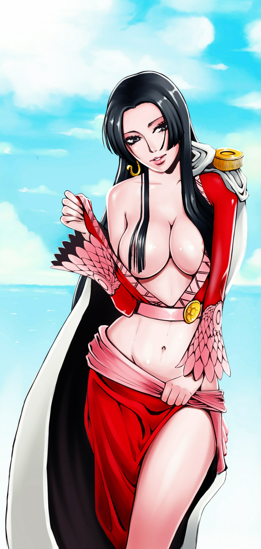 absurdres bare_shoulders black_hair boa_hancock breasts cleavage deepwhite earrings epaulettes highres jewelry large_breasts light_smile lips long_hair navel one_piece sky snake_earrings solo