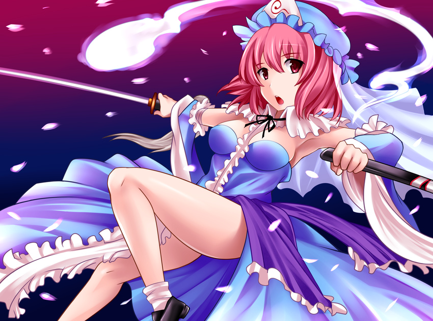 adapted_costume breasts cleavage detached_sleeves dress highres medium_breasts open_mouth saigyouji_yuyuko scabbard sheath short_hair solo sword thighs touhou unsheathing weapon yoshimo