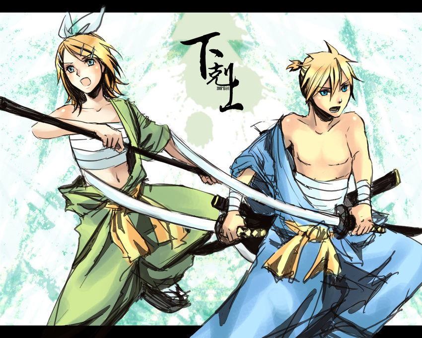 1girl bad_id bad_pixiv_id blonde_hair blue_eyes blue_kimono breasts brother_and_sister dual_wielding gekokujou_(vocaloid) green_kimono hadanugi_dousa hair_ornament hairclip holding holding_sword holding_weapon japanese_clothes kagamine_len kagamine_rin kai_(pixiv93444) katana kimono letterboxed looking_to_the_side navel off_shoulder outside_border polearm ponytail sarashi sash scabbard sheath short_hair siblings small_breasts song_name sword twins unsheathed vocaloid weapon