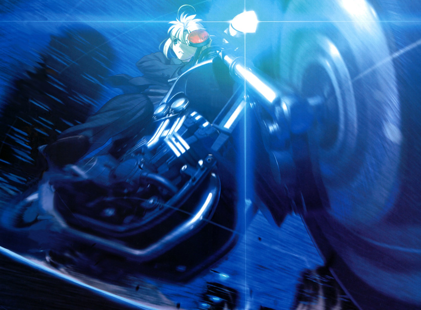 action ahoge artoria_pendragon_(all) bangs black_footwear black_gloves black_jacket black_pants black_shirt blonde_hair blue car dark drifting driving fate/zero fate_(series) formal glint gloves ground_vehicle highres jacket long_sleeves looking_away motion_blur motor_vehicle motorcycle one_eye_covered outdoors pant_suit pants parted_lips road saber scan shirt shoes sidelocks solo street suit takeuchi_takashi