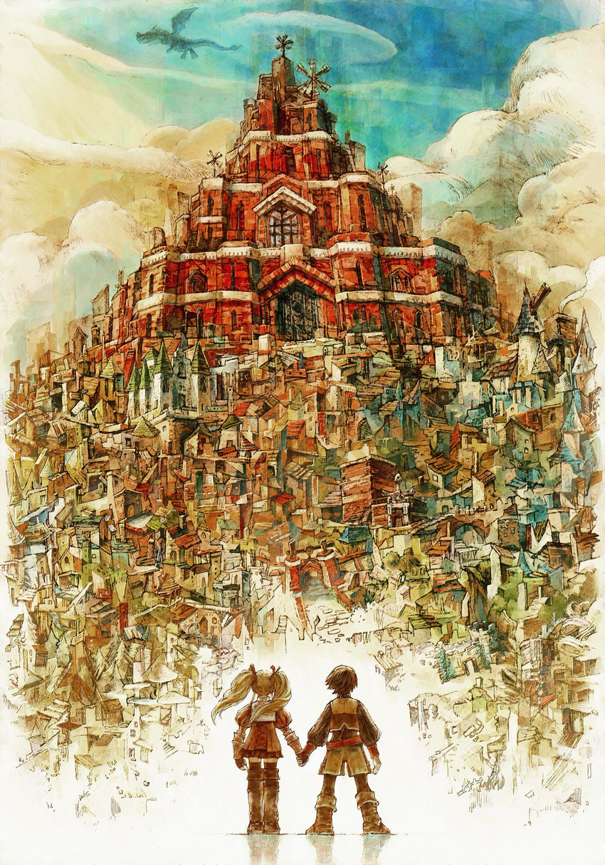 1boy 1girl artist_request belt blonde_hair boots bridge brown_hair castle church cityscape cloud dragon from_behind gauntlets hand_holding highres jack_russell miniskirt mushroom pantyhose radiata_stories red_ribbon reflection ribbon ridley_silverlake scenery shorts skirt telescope thighhighs tree twintails vest windmill
