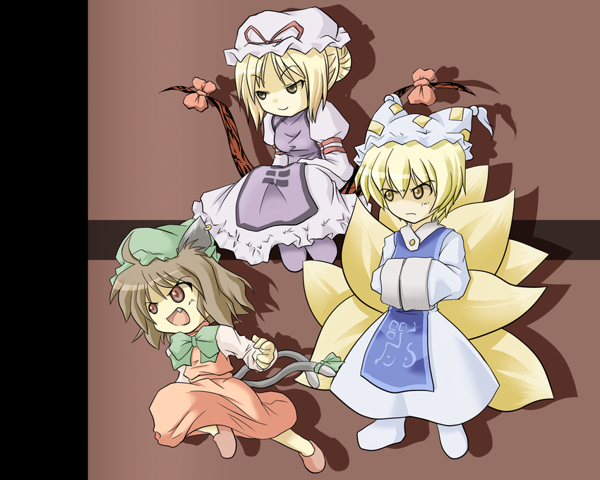 angry animal_ears blonde_hair brown_eyes brown_hair cat_ears cat_tail chen china_dress chinese_clothes dress earrings fang fox_tail gap hands_in_opposite_sleeves hat inu_wi jewelry long_sleeves multiple_girls multiple_tails pillow_hat red_eyes ribbon shoes short_hair tail tail_ribbon tassel touhou wide_sleeves yakumo_ran yakumo_yukari yellow_eyes