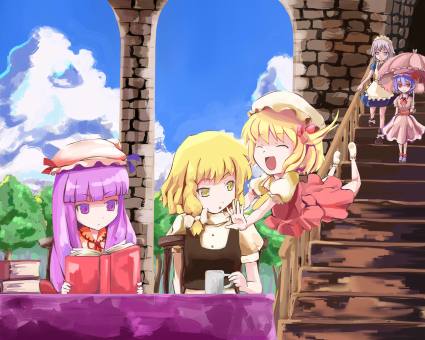 :d :o ^_^ bad_id bad_pixiv_id bangs blonde_hair blue_hair blunt_bangs book closed_eyes column day flandre_scarlet glomp happy hat hug izayoi_sakuya kirisame_marisa long_hair maid multiple_girls no_hat no_headwear open_mouth outdoors patchouli_knowledge pillar purple_hair reading remilia_scarlet ribbon shibasaki_shouji smile stairs touhou umbrella wings