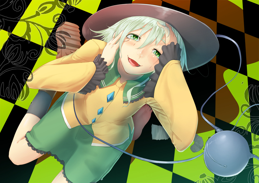 blush checkered checkered_floor eyeball fang from_above green_eyes green_hair hands_on_own_cheeks hands_on_own_face hat kneeling komeiji_koishi looking_up md5_mismatch mossari_poteto open_mouth short_hair silver_hair skirt smile solo third_eye touhou