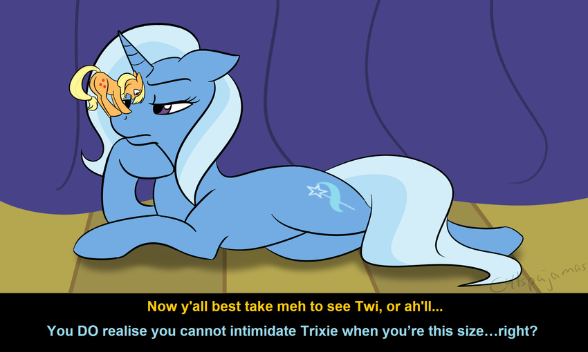 appletini c4tspajamas curtains cutie_mark english_text equine female feral friendship_is_magic horn horse mammal micro my_little_pony pony purple_eyes size_difference text trixie_(mlp) unicorn