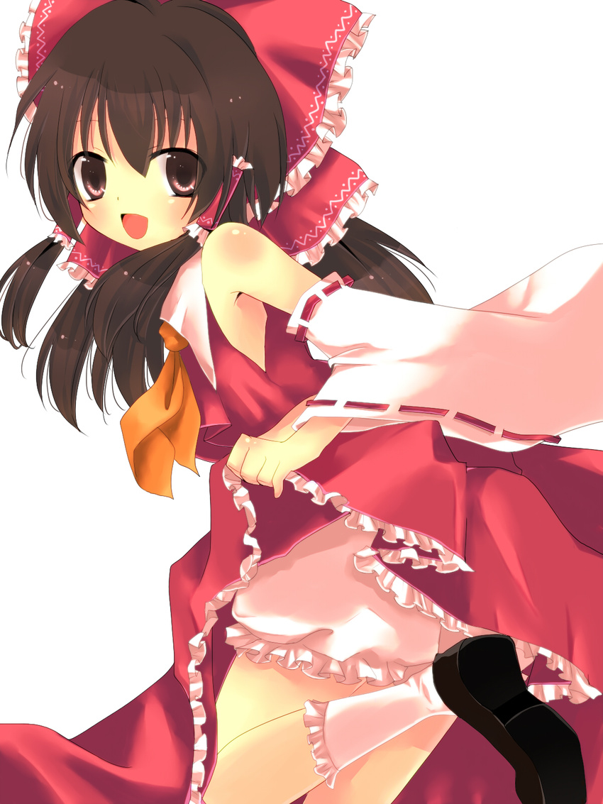 bloomers blush bow brown_hair detached_sleeves dress dress_lift hair_bow hair_tubes hakurei_reimu highres long_hair looking_at_viewer open_mouth simple_background smile solo touhou underwear white_background yumemomosaka