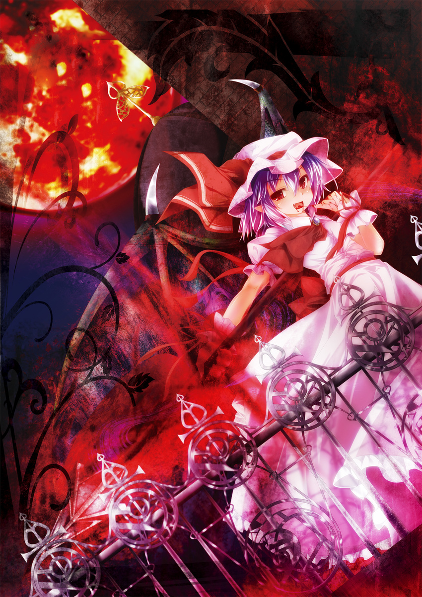 ascot blood full_moon gate highres jum_(parallel_parasol) moon purple_hair red_eyes red_moon remilia_scarlet solo spear_the_gungnir touhou wings wrist_cuffs