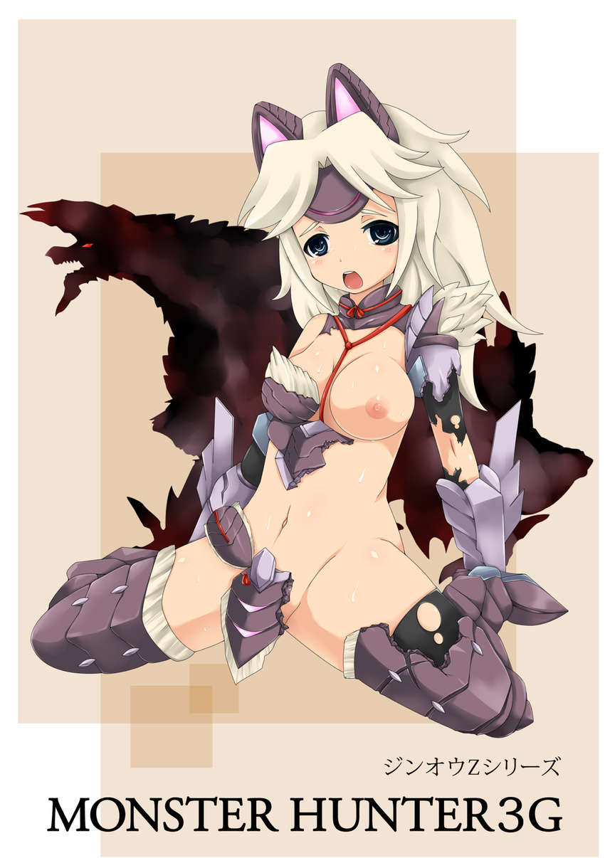 1girl alternate_color animal_ears armor blue_eyes blush breasts broken_armor capcom highres jinouga jinouga_(armor) jinouga_subspecies monster_hunter monster_hunter_3_g stygian_zinogre stygian_zinogre_(armor) white_hair zinogre_(armor)