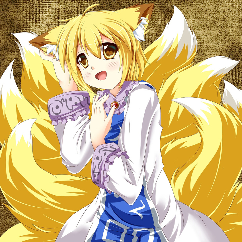 ahoge animal_ears bad_id bad_pixiv_id blonde_hair blush dress fox_ears fox_tail highres kmkm9696 multiple_tails no_hat no_headwear open_mouth short_hair smile solo tail touhou yakumo_ran yellow_eyes