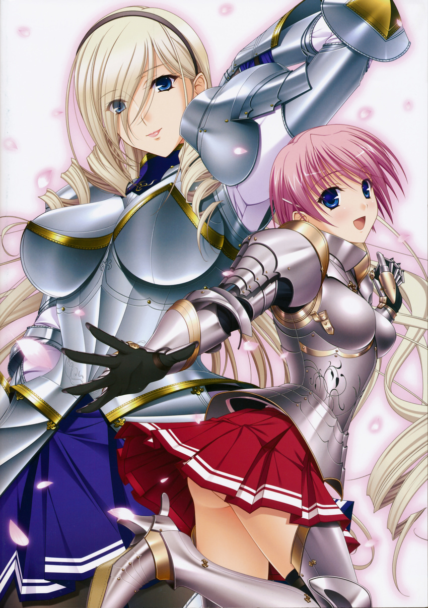 :d absurdres armor black_legwear blonde_hair blush celia_kumani_entory drill_hair gauntlets greaves hair_ornament hairband hairclip highres kisaki_mio komori_kei long_hair looking_at_viewer multiple_girls open_mouth pantyhose petals pink_hair pleated_skirt short_hair skirt smile thighhighs walkure_romanze