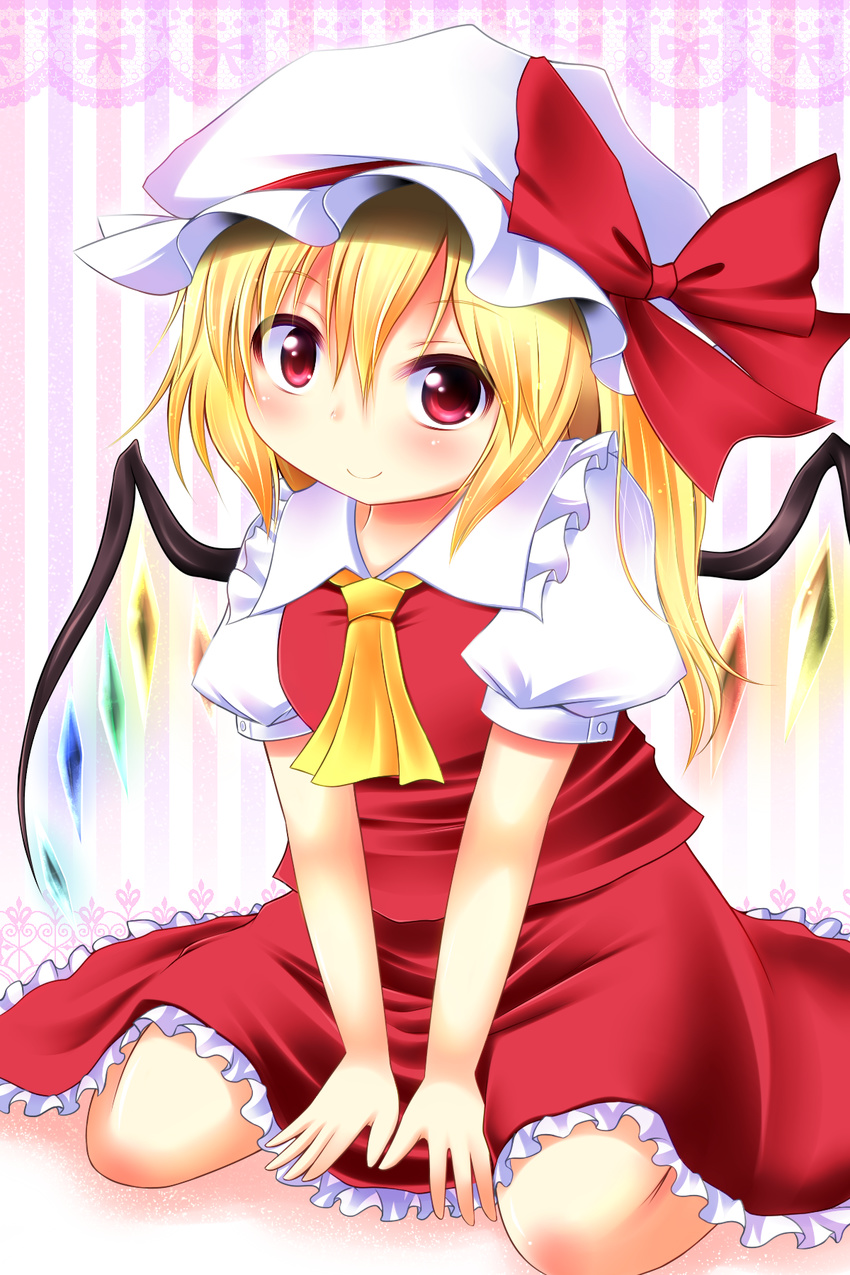 ascot between_legs blonde_hair blush bow buttons dress_shirt flandre_scarlet frills hand_between_legs hat hat_bow highres knees lace looking_at_viewer open_hands puffy_sleeves red_eyes rena_(riries) shirt short_hair short_sleeves side_ponytail sitting skirt smile solo striped striped_background touhou v_arms vest wariza wings