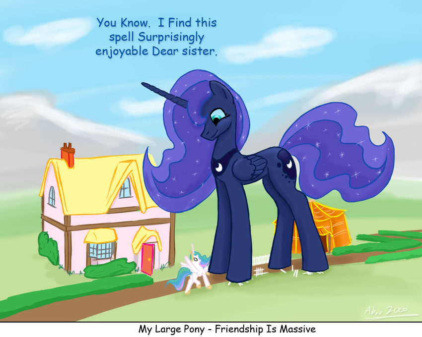 cloud clouds cosmic_mane duo equine female fence feral friendship_is_magic grass green_eyes hedges horn house macro mammal my_little_pony princess_celestia_(mlp) princess_luna_(mlp) sibling siblings sisters size_difference tent winged_unicorn wings