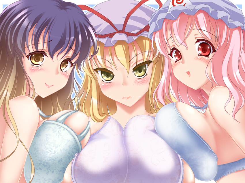 bare_shoulders blonde_hair blue_bra blush bra breast_press breasts brown_eyes brown_hair gradient_hair hijiri_byakuren large_breasts lingerie looking_at_viewer multicolored_hair multiple_girls negamaro pink_hair purple_background purple_hair red_eyes saigyouji_yuyuko short_hair touhou underwear yakumo_yukari yellow_eyes