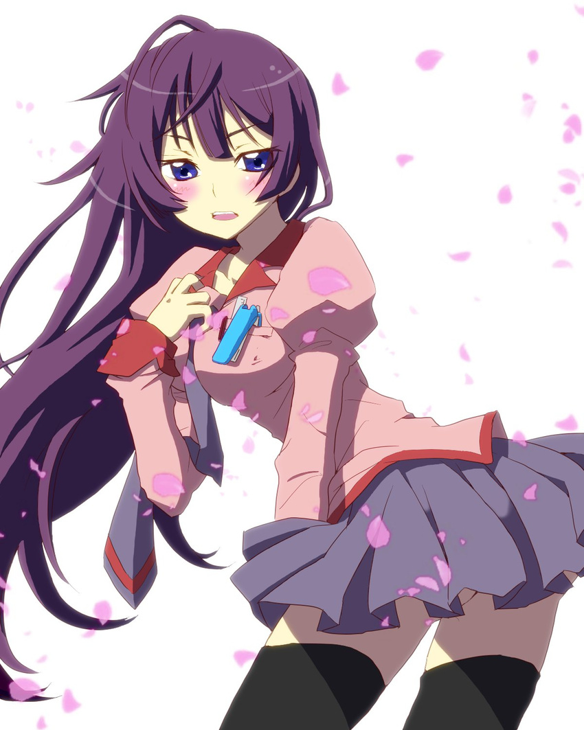 bakemonogatari blue_eyes blush highres long_hair looking_back minisee monogatari_(series) purple_hair senjougahara_hitagi stapler thighhighs