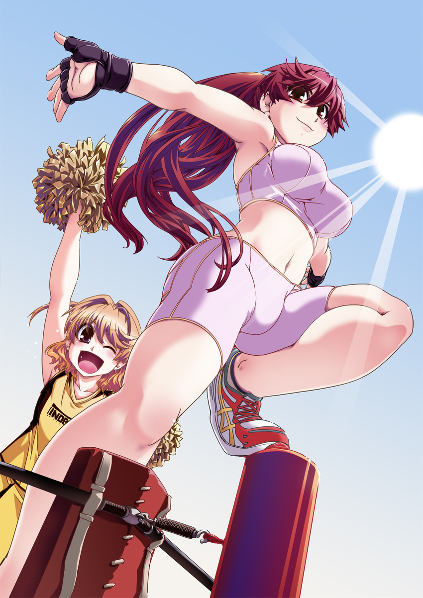 1girl arm_up armpits bike_shorts blonde_hair blush boxing_ring breasts brown_eyes cheerleader crossdressing fetix! fingerless_gloves gloves hashinomoto_maaya hashinomoto_rintarou highres ikuya_daikokudou long_hair medium_breasts midriff navel official_art one_eye_closed open_mouth otoko_no_ko pom_poms red_eyes red_hair short_hair small_breasts smile sports_bra sun