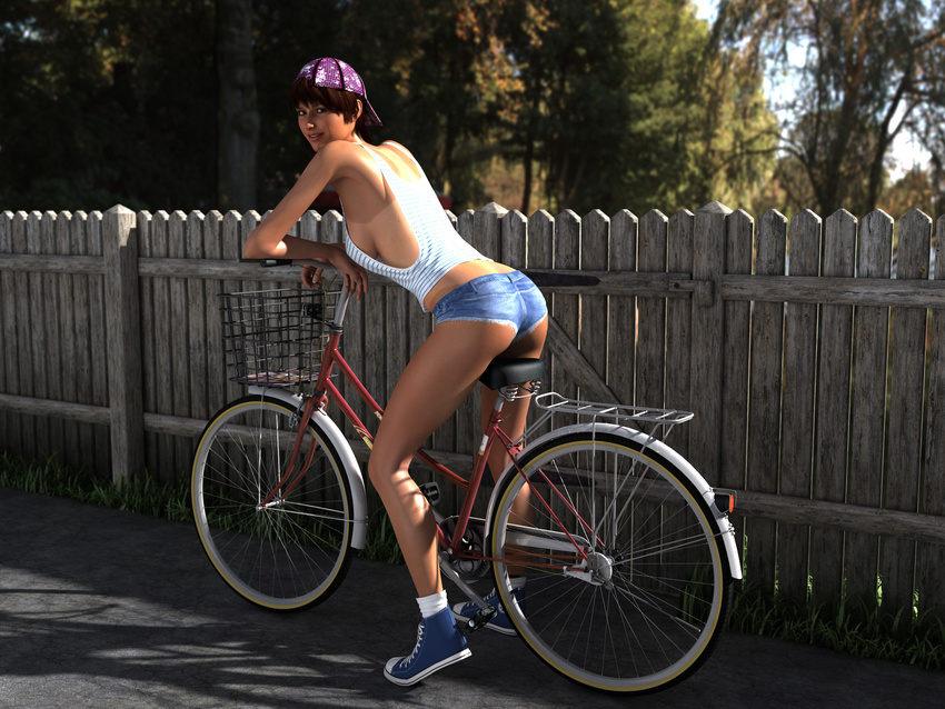 3d arm_support armpits ass backwards_hat bare_legs bare_shoulders baseball_cap basket bicycle bicycle_basket breasts brown_hair cutoffs day denim denim_shorts fence from_behind full_body grass ground_vehicle hat highres hiro3787 leaning_forward looking_at_viewer looking_back loose_socks medium_breasts midriff no_bra one-piece_tan original outdoors photorealistic shade shadow shirt shoes short_hair short_shorts shorts sideboob smile sneakers socks solo standing striped striped_shirt sunlight tan tank_top tanline tomboy tree white_legwear wooden_fence