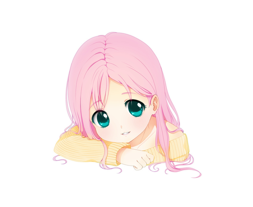 aqua_eyes bare_shoulders bonxy face fluttershy head_rest highres light_smile my_little_pony my_little_pony_friendship_is_magic personification pink_hair pullover smile solo transparent_background