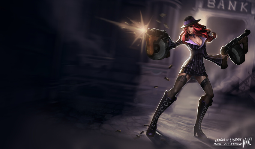 boots breasts brown_eyes casing_ejection choker cleavage cross-laced_footwear drum_magazine dual_wielding firing formal garter_straps gun hair_over_one_eye high_heels highres holding kienan_lafferty large_breasts league_of_legends lips lipstick long_hair mafia_miss_fortune makeup muzzle_flash official_art pinstripe_pattern pinstripe_suit red_hair sarah_fortune shell_casing shoes skirt skirt_suit solo striped submachine_gun suit weapon