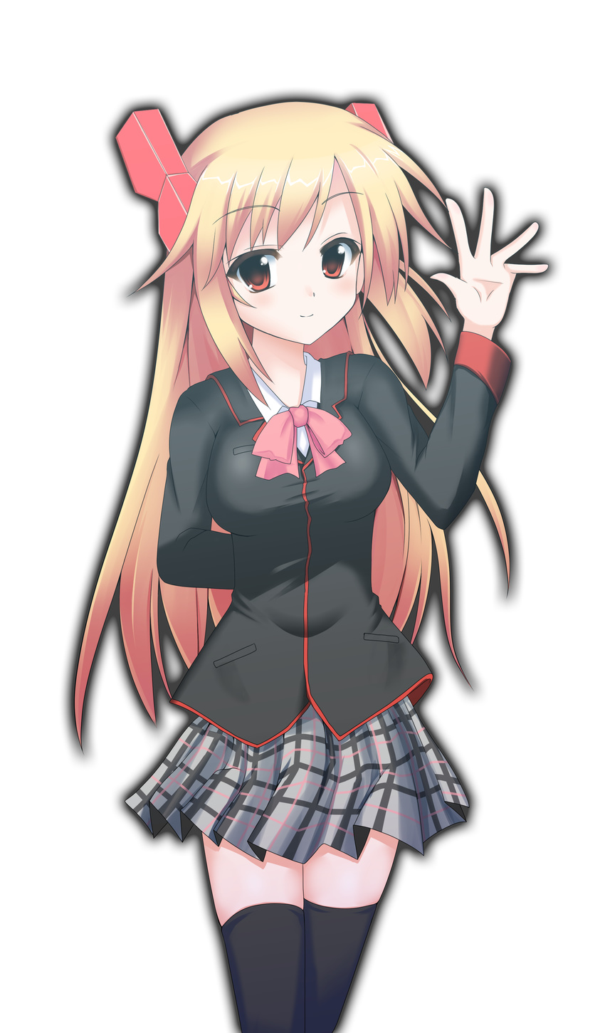 absurdres blonde_hair blush bow cosmic_break cosplay crimrose headgear highres kiriya_naoki little_busters! pink_bow red_eyes ribbon school_uniform simple_background solo