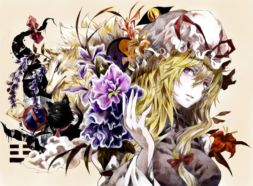 blonde_hair bow chen chen_(cat) flower gap hair_bow hat hat_ribbon highres jewelry long_hair multiple_tails neko_(yanshoujie) purple_eyes ribbon road_sign sign single_earring solo tail touhou traditional_media yakumo_ran yakumo_ran_(fox) yakumo_yukari yin_yang