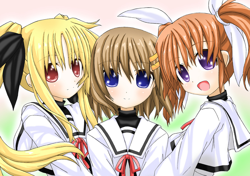 blonde_hair blue_eyes brown_hair fate_testarossa hair_ornament hair_ribbon long_hair lyrical_nanoha mahou_shoujo_lyrical_nanoha mahou_shoujo_lyrical_nanoha_a's multiple_girls open_mouth purple_eyes pusone red_eyes ribbon school_uniform seishou_elementary_school_uniform short_hair short_twintails smile takamachi_nanoha twintails yagami_hayate