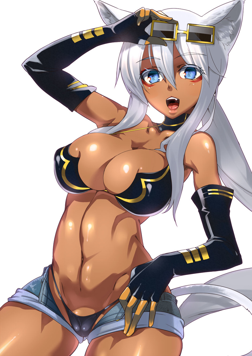 animal_ears bare_shoulders blue_eyes breasts cameltoe cat_ears cleavage dark_skin elbow_gloves gloves highleg highleg_panties highres hijiri kaiten_muten-maru large_breasts long_hair panties shamu_meruruusa short_shorts shorts silver_hair simple_background solo sunglasses tail thong toned underwear