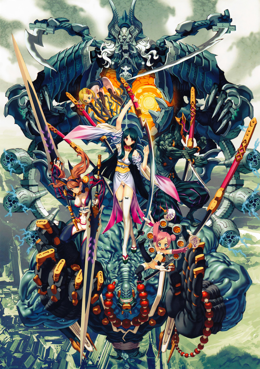 absurdres armor bare_shoulders black_hair black_legwear blonde_hair blue_eyes breasts brown_hair cleavage double_bun elbow_gloves gloves grin hair_ornament hairclip helmet highres horns itou_ben japanese_clothes jewelry kimono large_breasts legs long_hair mecha multiple_girls muscle necklace obi open_mouth original panties pink_hair red_eyes samurai sandals sash short_hair smile sword thighhighs twintails underwear very_long_hair weapon white_hair white_legwear white_panties