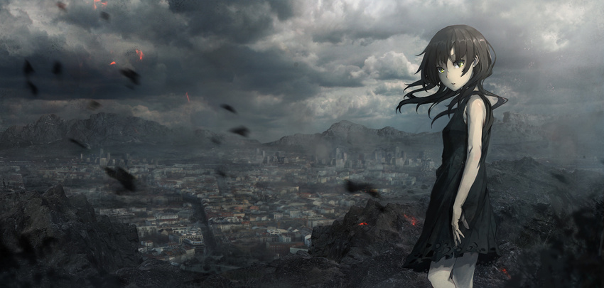 bad_id bad_pixiv_id banned_artist black_dress black_hair building city cityscape cloud cloudy_sky dress hill looking_at_viewer open_mouth original scenery seafh short_hair sky solo yellow_eyes