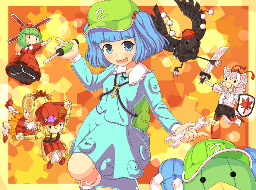 aki_minoriko aki_shizuha animal_ears backpack bag bird blonde_hair blue_eyes blue_hair blush bow character_doll doll dress food fruit grapes green_eyes green_hair hair_bobbles hair_ornament hair_ribbon hat inubashiri_momiji kagiyama_hina kappa kawashiro_nitori key leaf leaf_on_head looking_at_viewer mechanical_doll monosenbei open_mouth propeller red_dress ribbon screwdriver shameimaru_aya shameimaru_aya_(crow) shield short_hair skirt smile solo sword tail tokin_hat touhou two_side_up weapon white_hair wolf_ears wolf_tail wrench