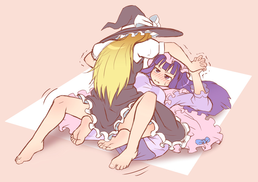 barefoot blonde_hair blush bow commentary dress feet girl_on_top hat hat_bow iromeki_overdrive kirisame_marisa long_hair lying multiple_girls on_back overpowering patchouli_knowledge purple_eyes purple_hair soles straddling striped toenails toes touhou white_bow witch_hat wrestling you_gonna_get_raped yuri