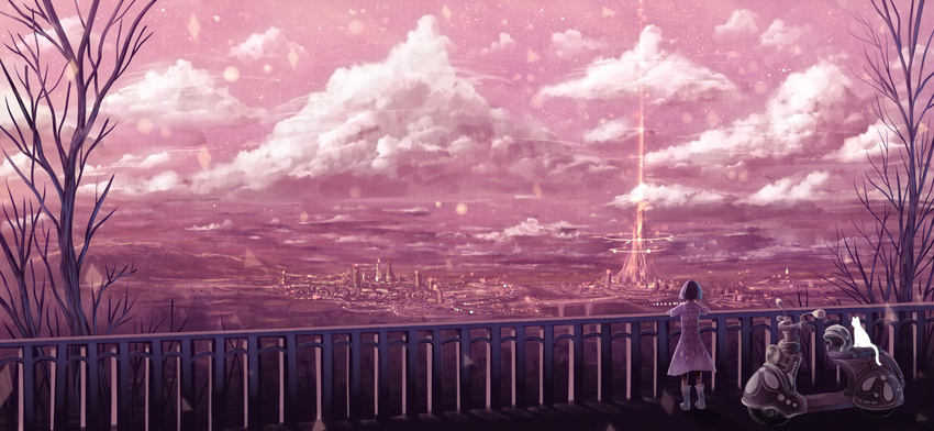 black_hair boots cat city cloud cloudy_sky commentary_request dress fantasy ground_vehicle headwear_removed helmet helmet_removed highres magic motor_vehicle motorcycle_helmet original purple_dress purple_sky railing sakimori_(hououbds) scenery scooter short_hair sky tree very_wide_shot white_cat