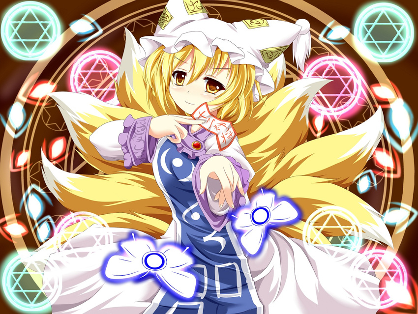 arm_up arms_up bad_id bad_pixiv_id blonde_hair blush bug butterfly danmaku dress fingernails fox_tail hat hexagram insect kmkm9696 magic_circle multiple_tails short_hair smile solo spell_card star star_of_david tabard tail touhou white_dress yakumo_ran yellow_eyes