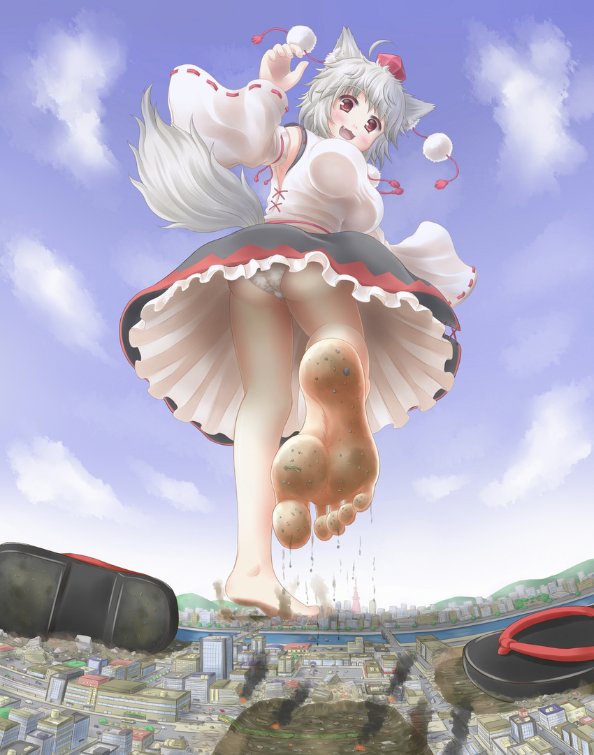 :3 animal_ears aonagi_ibane arm_up armpits ass bare_legs barefoot blue_sky blush breasts bridge building city cloud day debris detached_sleeves dirty dirty_feet fang feet fisheye flip-flops footprints from_below giantess ground_vehicle happy hat hat_ribbon highres house inubashiri_momiji large_breasts legs open_mouth outdoors panties pantyshot pantyshot_(standing) purple_background red_eyes ribbon river road ruins sandals shoes_removed short_hair silver_hair sky smile soles solo standing street tail taut_clothes toes tokin_hat touhou train underwear upskirt walking white_panties wide_sleeves wolf_ears wolf_tail