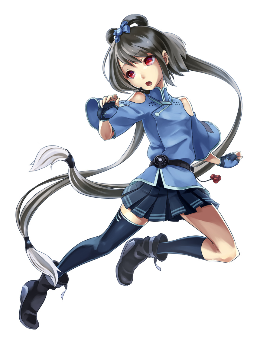 :o bad_id bad_pixiv_id bare_shoulders belt boots chinese_clothes fingerless_gloves flat_chest full_body gloves hair_ornament hair_ribbon headset highres kneehighs long_hair luo_tianyi nakasaki_hydra open_mouth pleated_skirt red_eyes ribbon short_hair_with_long_locks sidelocks silver_hair single_kneehigh single_thighhigh skirt solo thighhighs transparent_background very_long_hair vocaloid vocanese