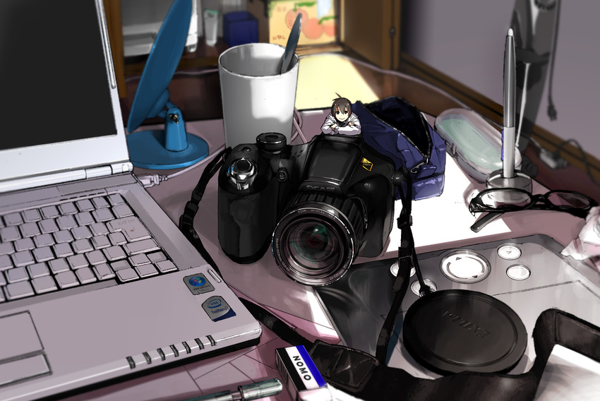 androgynous bad_id bad_pixiv_id black_eyes black_hair box brown_eyes brown_hair camera cardboard_box computer crossed_arms cup eraser glasses glasses_case highres kurono_kuro laptop looking_at_viewer male_focus miniboy original photorealistic realistic smile solo spoon stylus table tablet tablet_pc tombow_mono