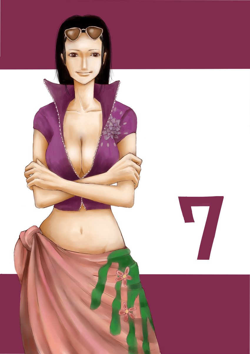 7 black_hair blue_shirt breasts brown_eyes center_opening cleavage collarbone crop_top crossed_arms female floral_print flower glasses glasses_on_head groin hair_slicked_back highres large_breasts long_hair looking_at_viewer lowleg midriff navel nico_robin no_bra one_piece open_clothes open_shirt pink_skirt revealing_clothes sabaody_archipelago sarong shirt short_sleeves skirt smile solo sunglasses sunglasses_on_head unzipped zipper