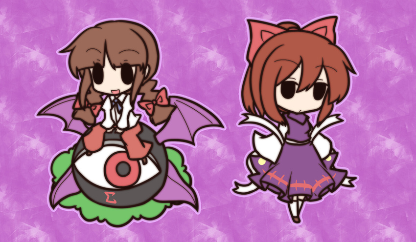 2girls :d bad_id bad_pixiv_id braid brown_hair chibi evil_eye_sigma fushigi_ebi multiple_girls noroiko open_mouth outline ponytail purple_wings rika_(touhou) smile solid_oval_eyes touhou touhou_(pc-98) twin_braids v_arms wings