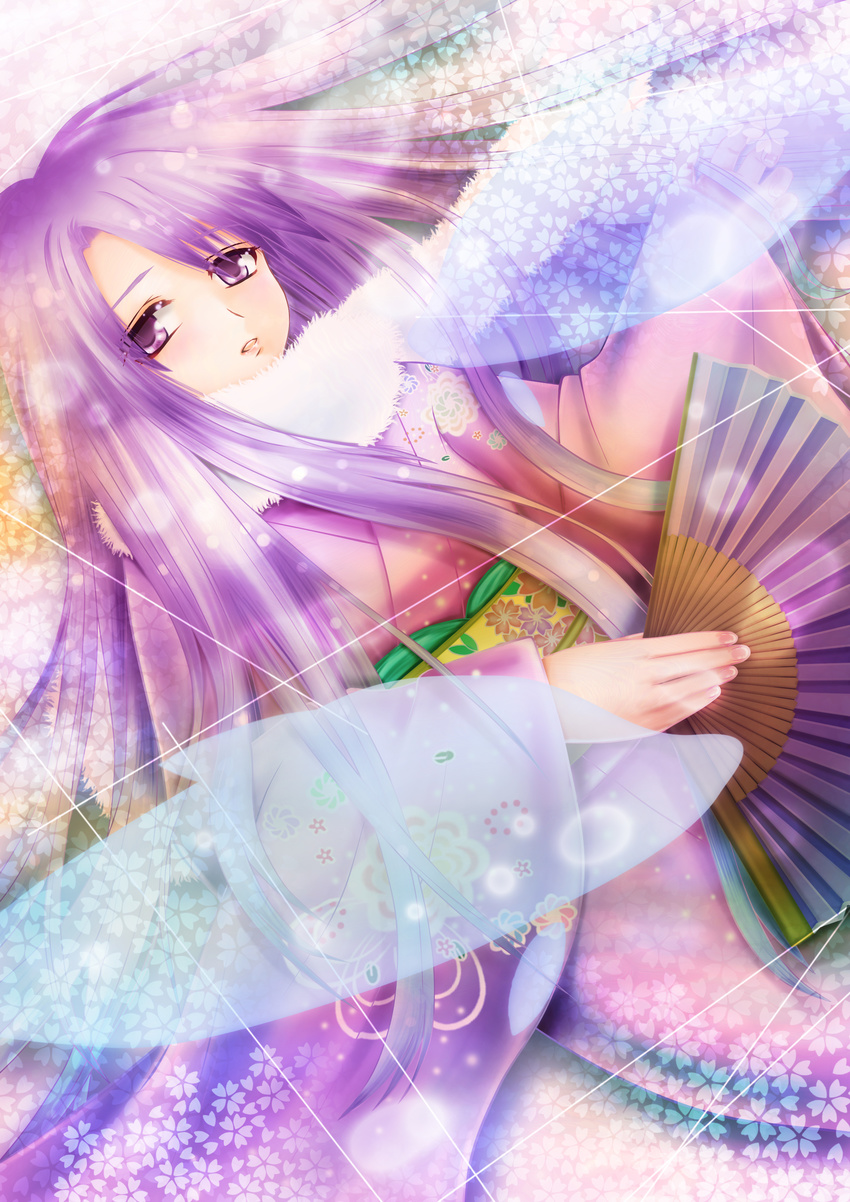 absurdres bad_id bad_pixiv_id blush fan feather_boa flat_chest floral_print folding_fan highres japanese_clothes kimono light_particles long_hair long_sleeves lying on_back original parted_lips purple_eyes purple_hair solo tareme toki_(toki-master) very_long_hair