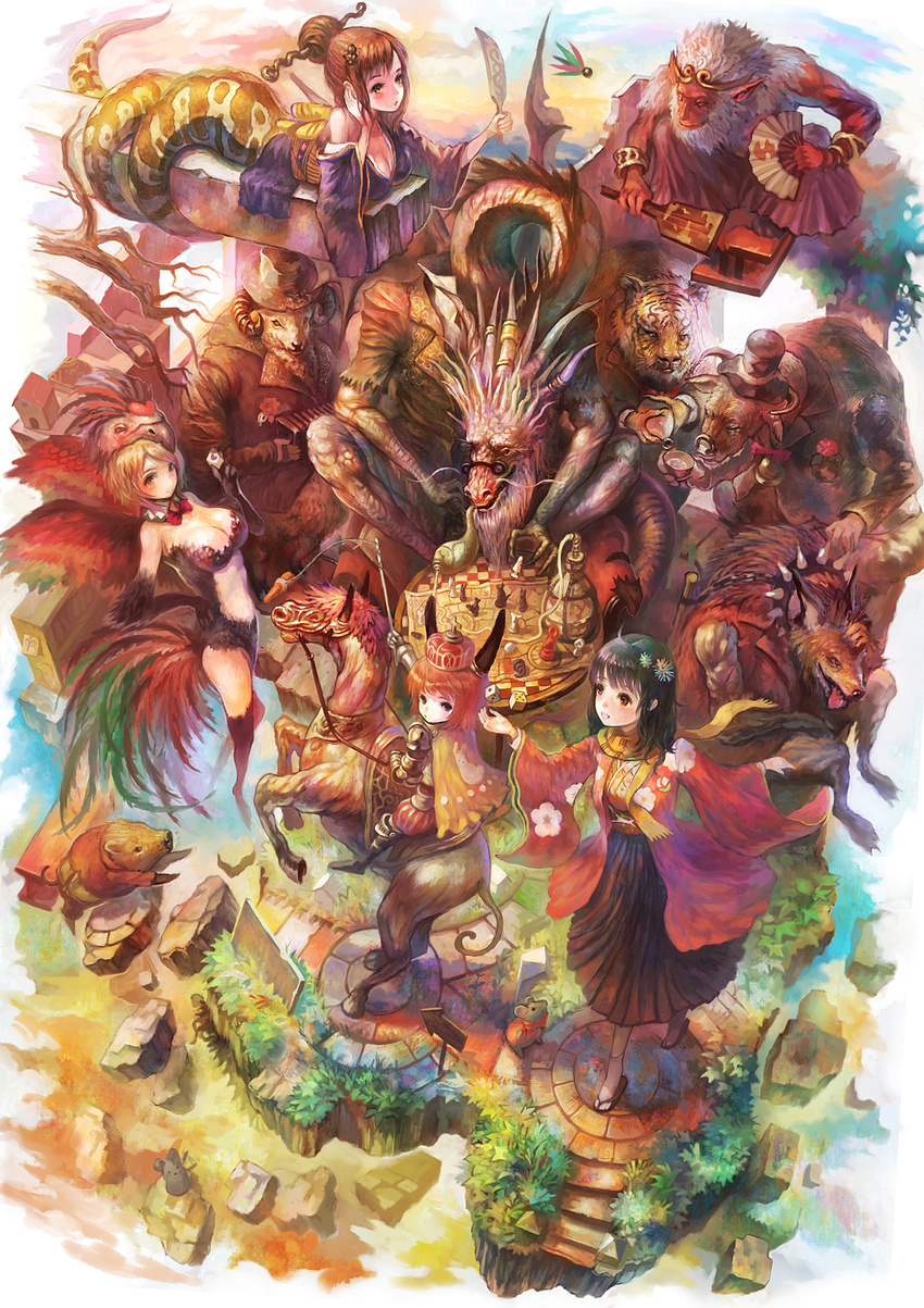 animal_ears bad_id bad_pixiv_id boar bull bunny_ears carrot chess_piece chinese_zodiac circlet concertina crown dice directional_arrow dragon fan fantasy folding_fan goat hagoita hanetsuki highres horse horseback_riding instrument lamia monkey monster_girl mouse multiple_girls original paddle perspective riding sandals tiger yoshiku_(oden-usagi)