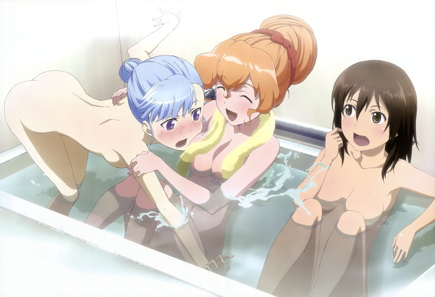 absurdres bath blue_hair blush breasts brown_hair censored cleavage closed_eyes convenient_censoring fin_e_ld_si_laffinty highres kyouno_madoka legs medium_breasts muginami multiple_girls non-web_source norita_takumo nude nyantype official_art open_mouth orange_hair purple_eyes rinne_no_lagrange scan short_hair sideboob small_breasts towel towel_around_neck washing water yellow_towel