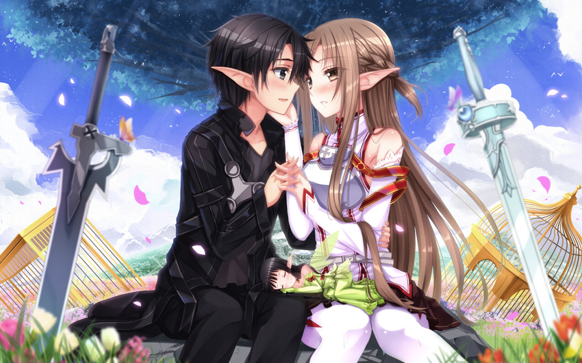 1girl asuna_(sao) bad_id bad_pixiv_id bare_shoulders birdcage black_eyes black_hair blush breastplate brown_hair bug butterfly cage closed_eyes cloud couple day detached_sleeves fairy_wings flower hetero highres holding_hands imminent_kiss insect interlocked_fingers kirito long_hair petals pointy_ears rapier short_hair sitting sky sleeping sword sword_art_online swordsouls thighhighs tree weapon wings yui_(sao) yui_(sao-alo)