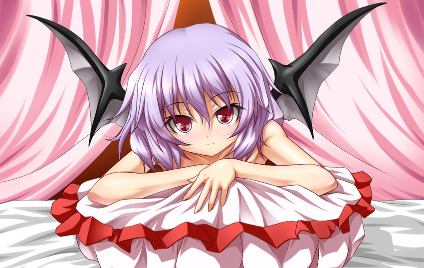 :3 bat_wings bed blush canopy_bed collarbone highres looking_at_viewer lying nude on_stomach pillow pink_eyes purple_hair remilia_scarlet roura short_hair smile solo touhou wings