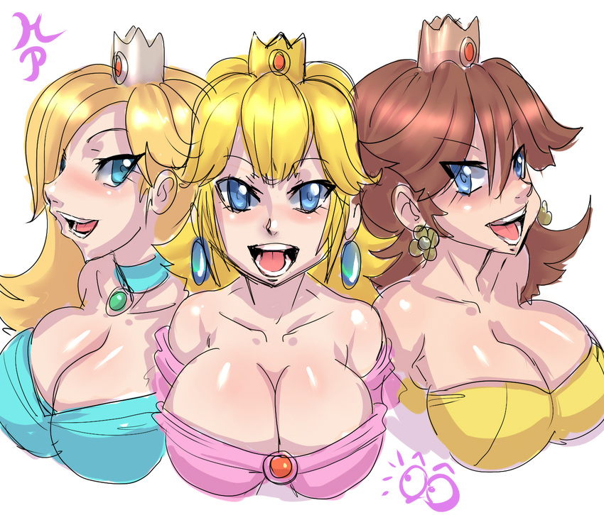 3girls blonde_hair breasts brown_hair cleavage crown earrings female highres jewelry large_breasts maniacpaint mario_(series) multiple_girls nintendo no_bra princess_daisy princess_peach rosalina rosalina_(mario) rosetta_(mario) super_mario_bros. super_mario_galaxy super_mario_land