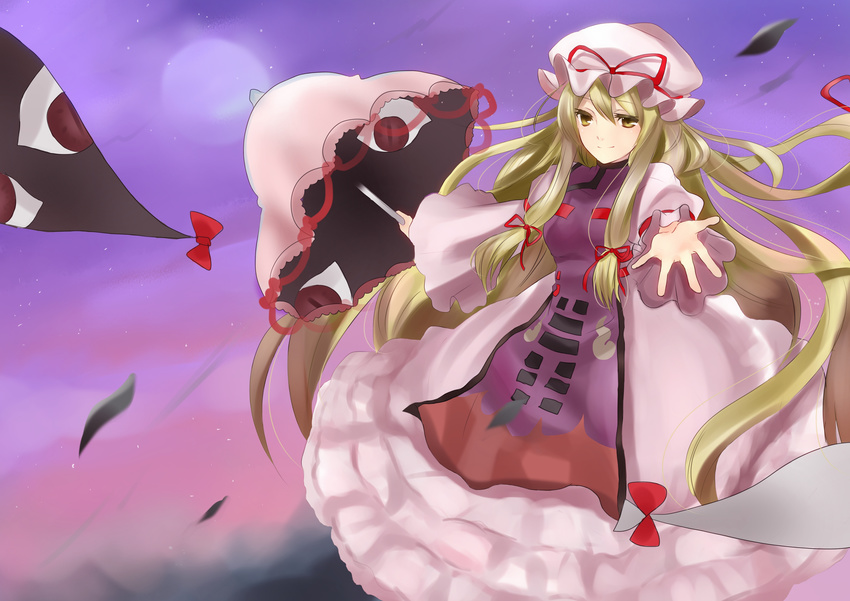 absurdres bad_id bad_pixiv_id blonde_hair dress eyes gap hair_ribbon hat highres long_hair ribbon smile solo tooda_riko touhou umbrella very_long_hair yakumo_yukari yellow_eyes